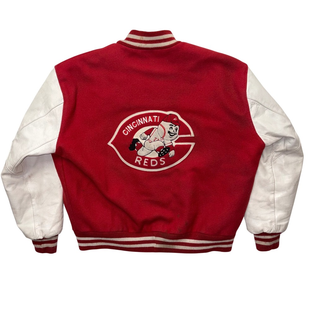 Vintage DeLONG Cincinnati Reds Varsity Jacket Red Wool White Leather Mens XL
